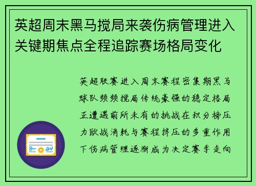 英超周末黑马搅局来袭伤病管理进入关键期焦点全程追踪赛场格局变化